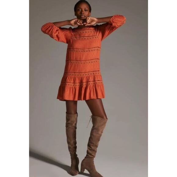 Anthropologie Dresses & Skirts - Anthropologie Eyelet Mini Dress Size Small Puff Sleeve Boho‎